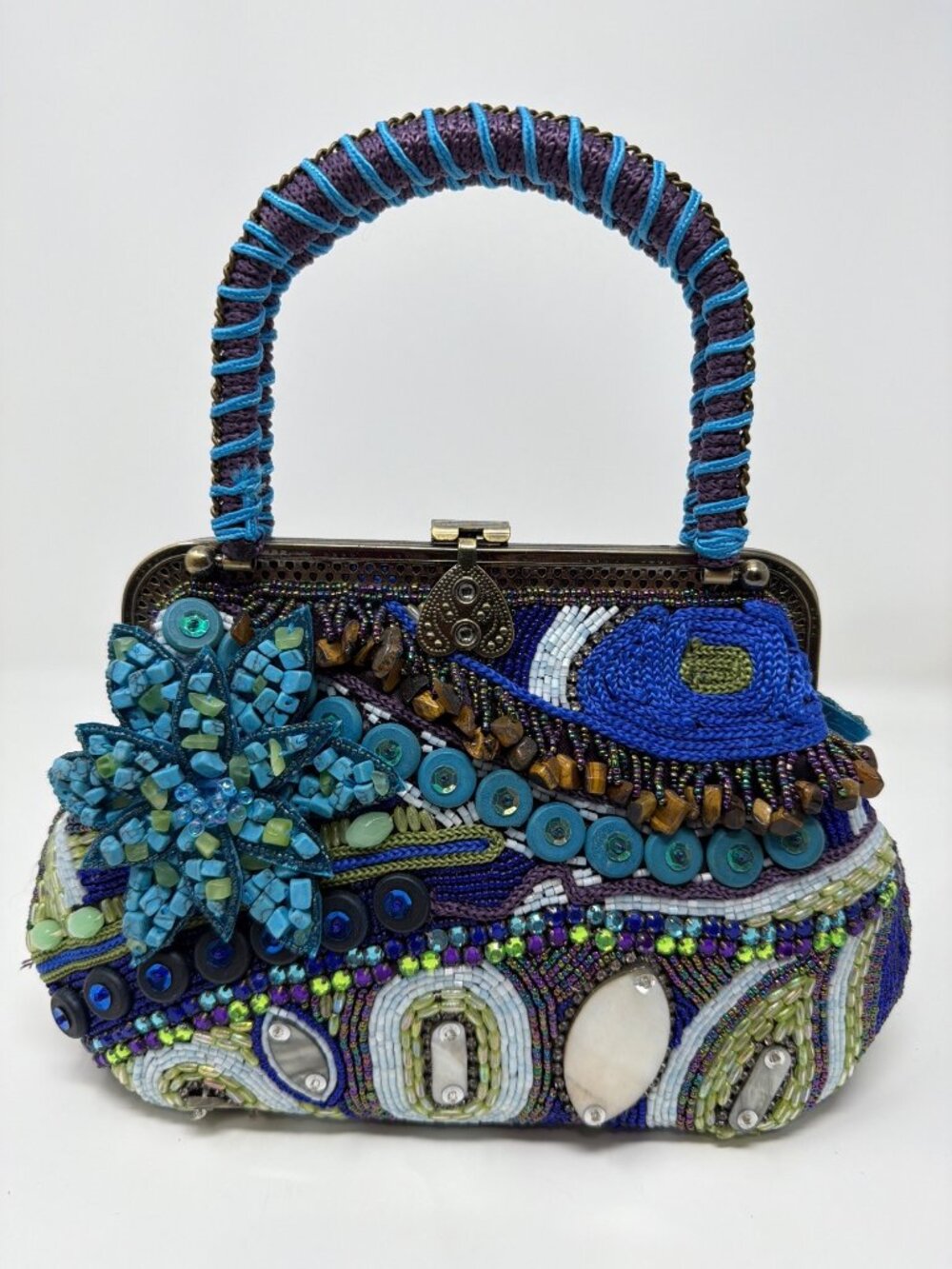 Chico's Beaded Evening Bag Blue Purple Floral Embellished Top Handle Purse